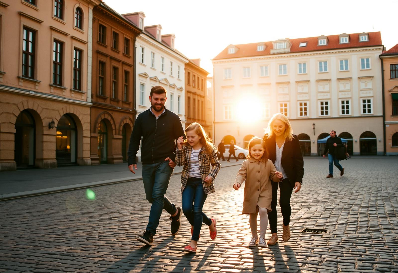 A young family walking through Warsaw at golden hour